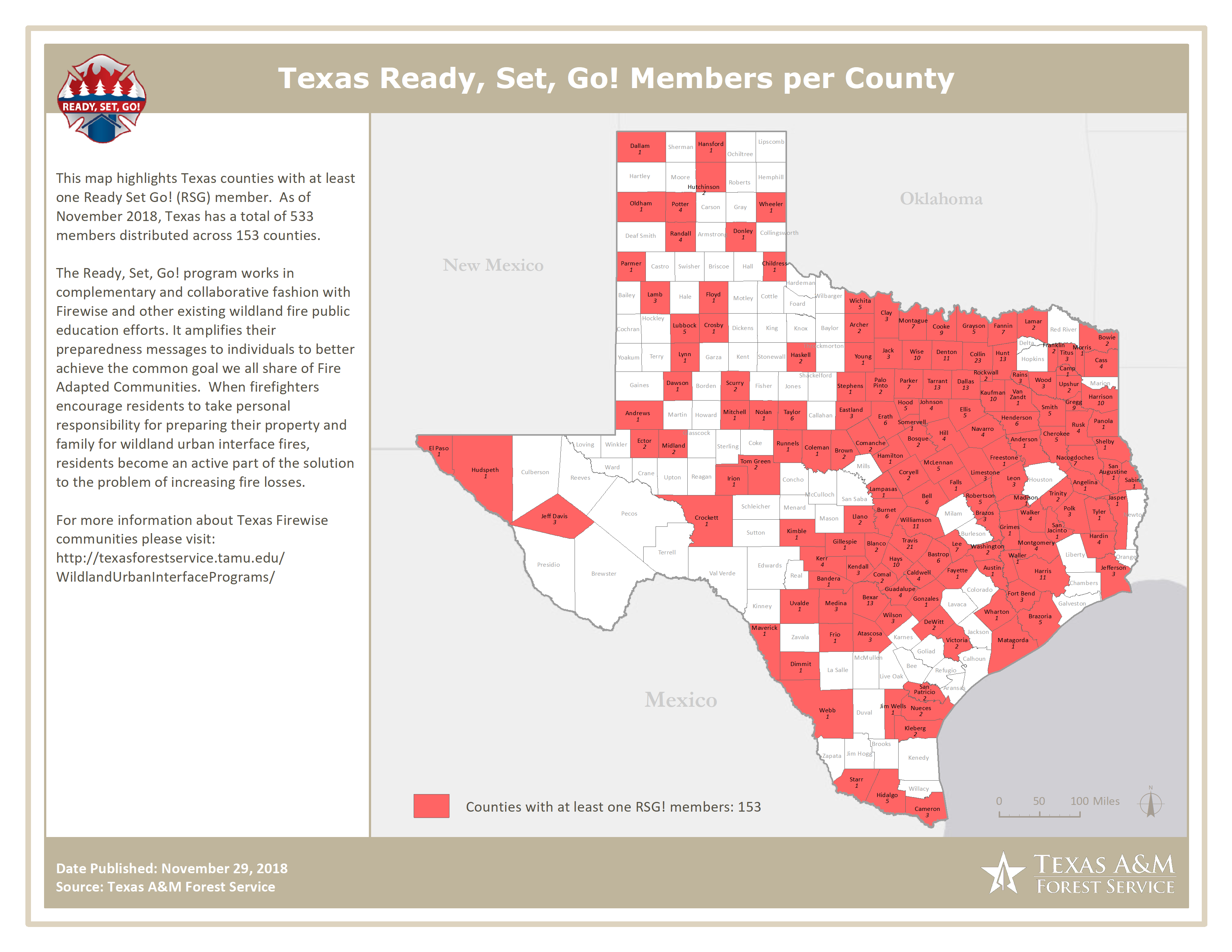 Map of Texas counties with at least one Ready, Set, Go! 