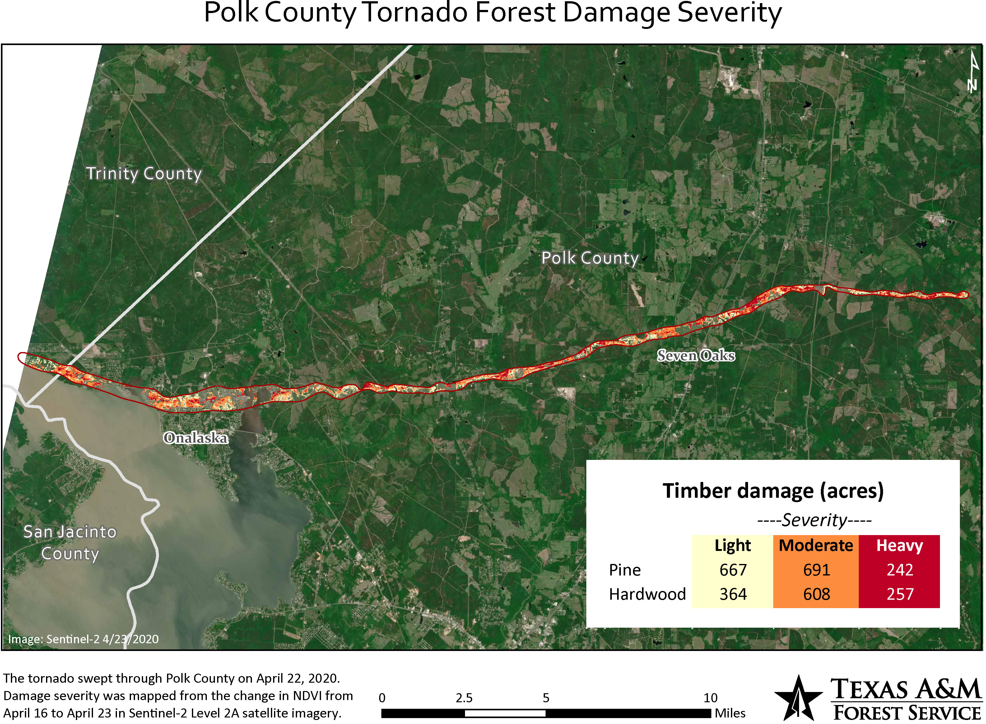 Map showing Polk County tornado damage to forest
